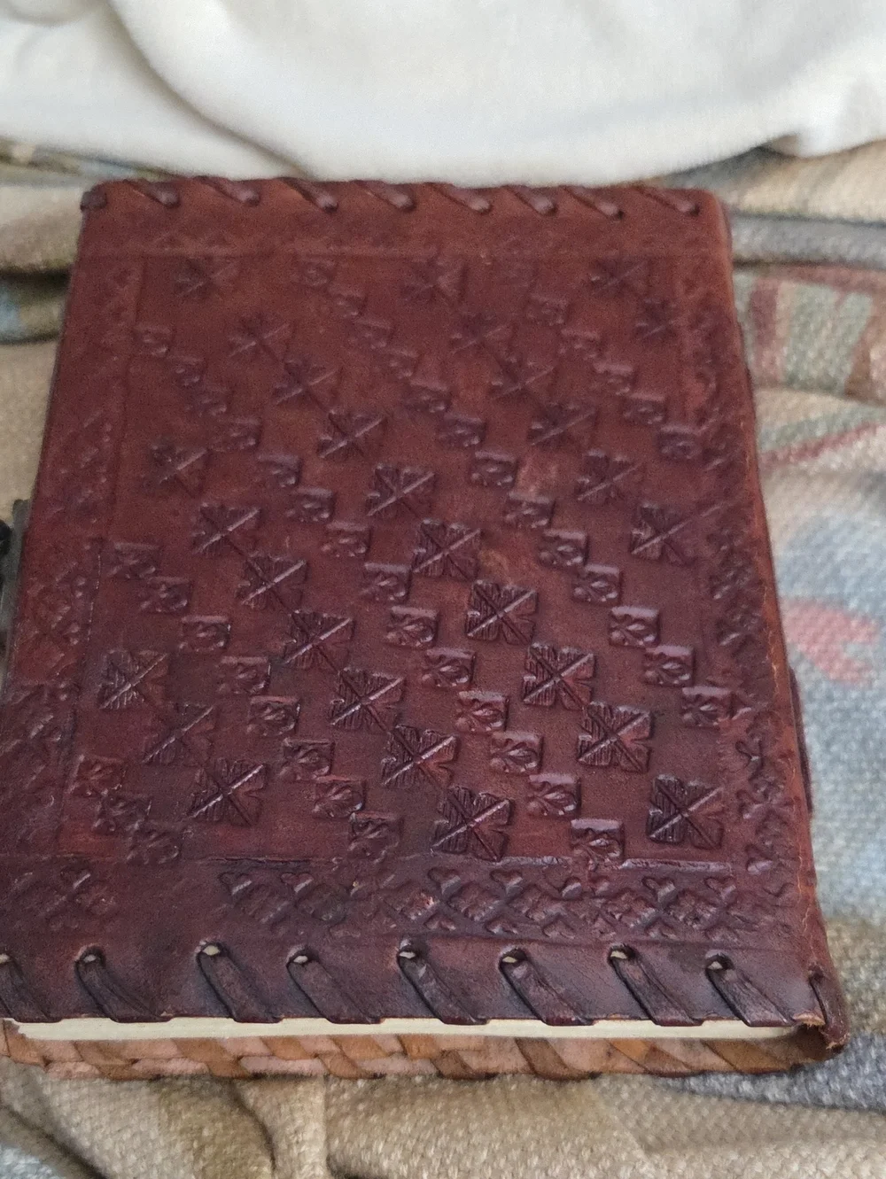Leather journal with embossed metal decorative plate, handmade bound notebook